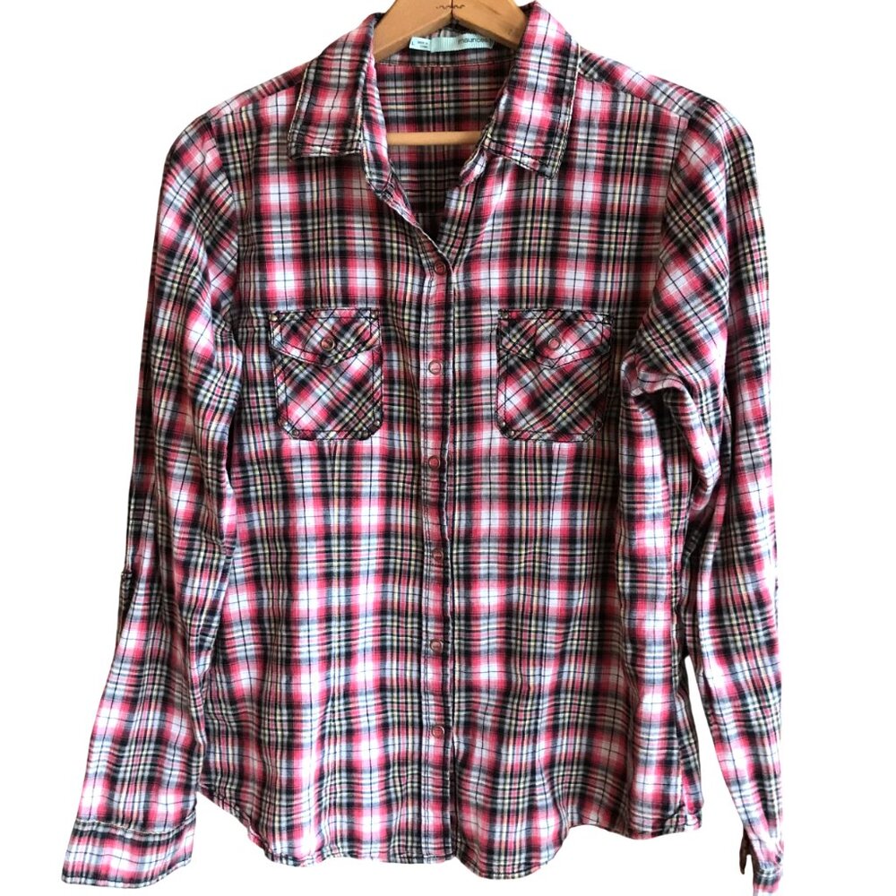Maurice's Snap-Down Red Plaid Shirt, Lightweight Red Black White Yellow Size L